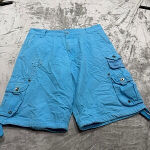 Mens Blue Cargo Shorts Embroidered Flower Pocket Detail Size 32